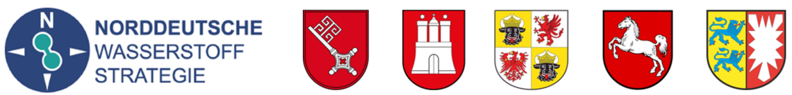 Logo der Norddeutschen Wasserstoffstrategie neben den Wappen der Bundesländer Bremen, Hamburg, Mecklenburg-Vorpommern, Niedersachsen und Schleswig-Holstein