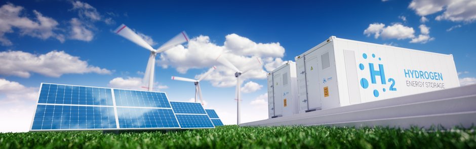 Visualisierung Erneuerbarer Energien: Solarpanels, Windräder, Wasserstoff.