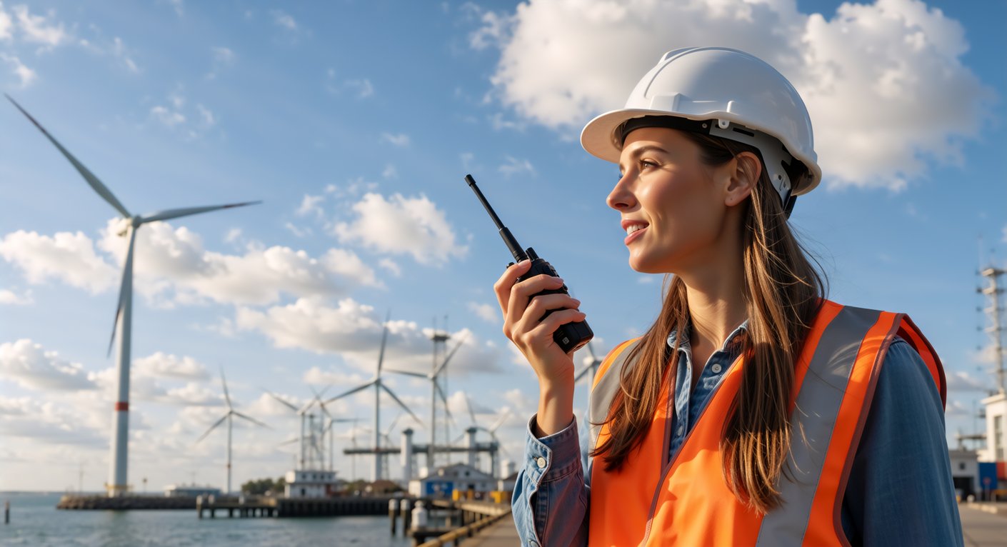 weiblich gelesene Person vor Offshore Windanlage