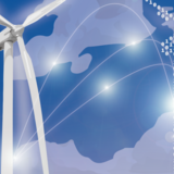 Windturbinen nebeneinander, eine davon mit der Darstellung von 1 und 0