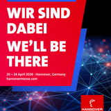 Grafik der Hannover Messe 2026 mit der Aufschrift "Wir sind dabei"