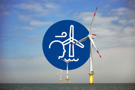 Offshore-Windräder und das Logo der Forschungsplattform Wind