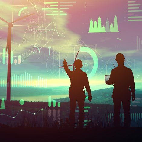 Digitalgrafik zweier Menschen vor einem technischen Hintergrund und Windrädern