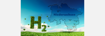 H und 2 aus grünen Blättern neben der Karte von Niedersachsen auf einem grünen Tal