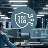 Ein Mann arbeitet an einem Computer in einem Serverraum, im Hintergrund das Logo der Forschungsplattform Digitalisierung