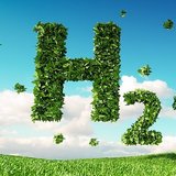 H 2 aus Blättern über einer grünen Wiese vor blauem Himmel