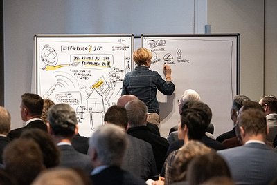 Personen besuchen eine Präsentation, wo die Vortragende auf eine weiße Tafel schreibt