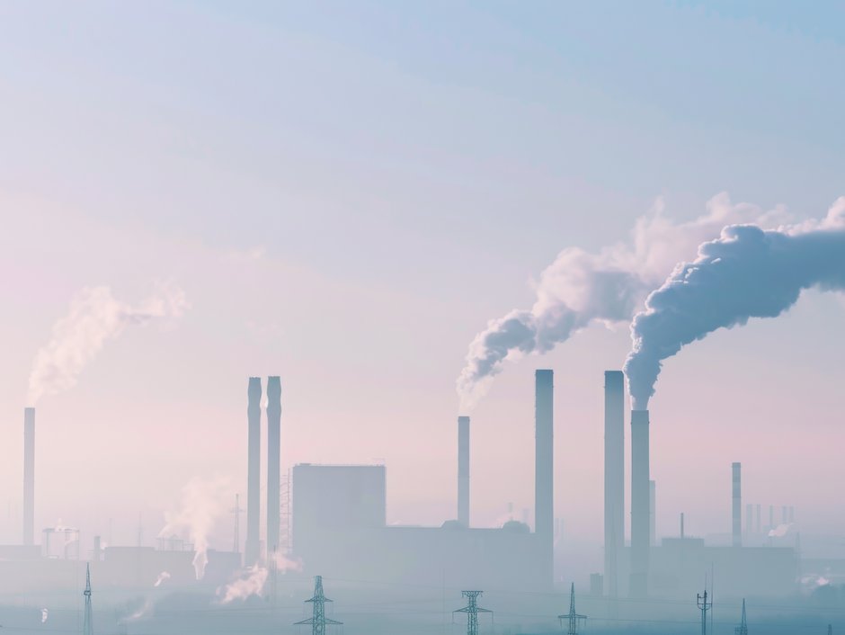 Schornsteine einer Industrieanlage mit Rauchschwaden